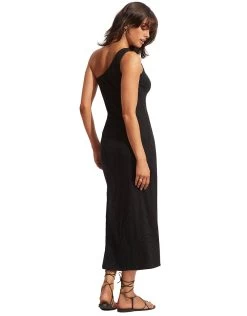 Seafolly Second Wave One Shoulder Midi Dress - Black 10 Seafolly Second Wave One Shoulder Midi Dress - Black -Fashionable Swimwear Store 54804 DRBlack 3