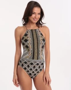 Chains Of Gold High Neck Swimsuit - Multi Black
