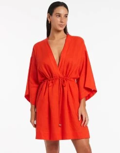 Jetset Gathered Front Kaftan - Fiamma Red